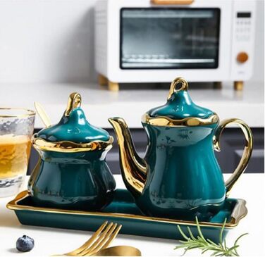 MAGICVOGEL Ceramic Milk Pitcher and Sugar Bowl Set, Sugar Container, Milk Jug with Tray, Spice Jar with Lid and Spoon, Creamer, Coffee Service Set for Home, Cafe, Bar (Green)