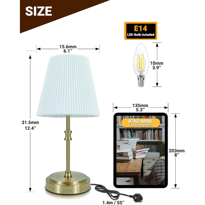 Торшер на тумбочку з сенсорним керуванням, регульована яскравість, 31.5 см, ретро стиль, латунь. Ідеально для вітальні, спальні, як подарунок на Новий Рік.