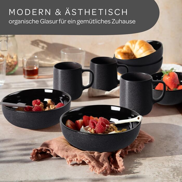 Stone Age Design Bowl Set (6 x 750ml, black) - Extra Large Soup Bowls - Dishwasher-Safe Soup Bowl - Bowl - Cereal Bowl - Salad Bowl Ceramic - Large Cereal Bowl
