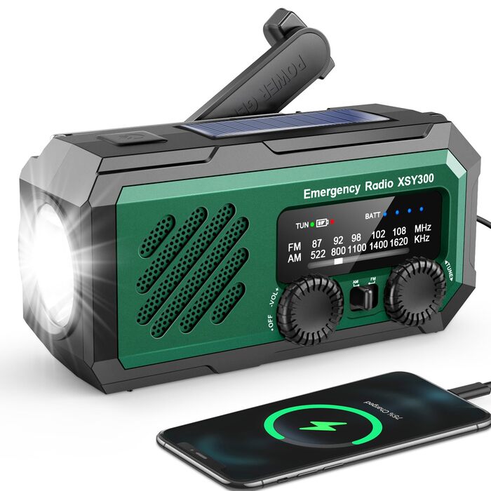 Радіопортативне YIKANWEN на сонячній батареї та ручному приводі, 2000mAh, AM/FM, LED-ліхтарик, зелений - для дому та кемпінгу