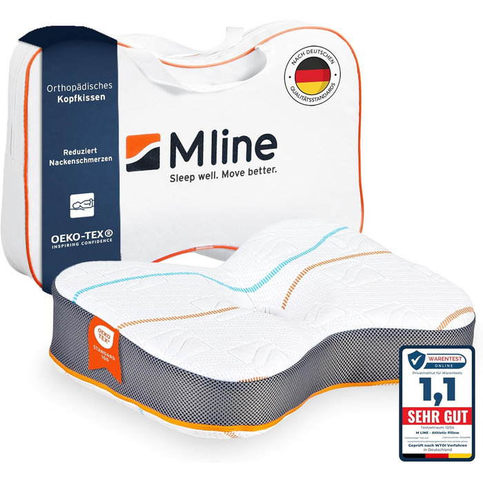 M LINE Athletic Pillow - Orthopedic Pillow - Side Sleeper Pillow - Ergonomic Head Pillow - Pillow for Neck Pain - Butterfly Pillow with Optimal Ventilation - 50 x 35 x 12 cm