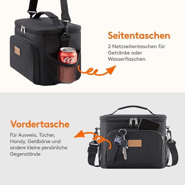 Термосумка LifeWit 9L для обідів та пікніків, чорна, вміщує 12 банок