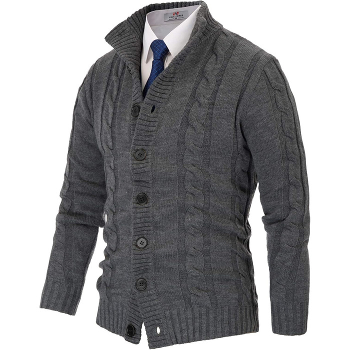 Чоловічий в'язаний кардиган PJ PAUL JONES з ґудзиками, візерунок коси, для осені/зими, темно-сірий, розмір M