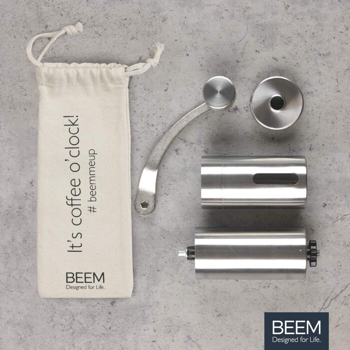 Ручна кавомолка BEEM GRIND-2-GO, 40 г, конічний жорн, безступеневе регулювання помолу, нержавіюча сталь, бавовняний мішечок