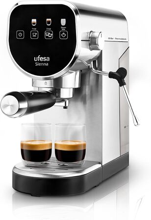 Ufesa Sienna Espresso Machine and Cappuccino Portafilter Machine with Milk Frother, 20 Bar Pressure, Digital Touch Panel, 1360W, for Ground Coffee or ESE Pads, 0.9L Water Tank, Silver