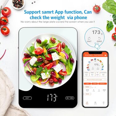 Brifit Kitchen Scale with App - 10kg/1g Digital Food Scale with Calorie Counter, LED Display, Tare Function, USB Rechargeable
