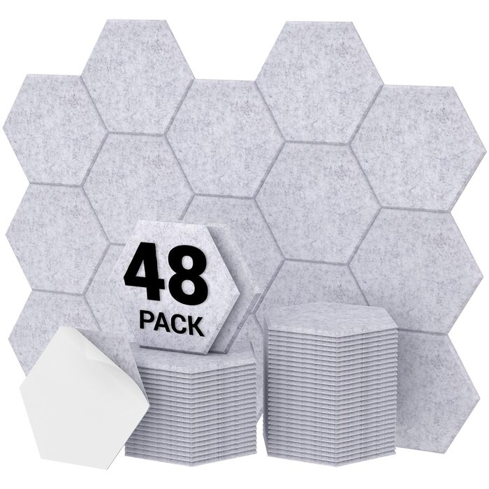 Акустичні гексагональні панелі TONOR самоклеючі, звукопоглинаючі шестигранні плитки для шумоізоляції стін (48 шт, сірі), 30x26x1 см для студії, офісу та геймінг-зони