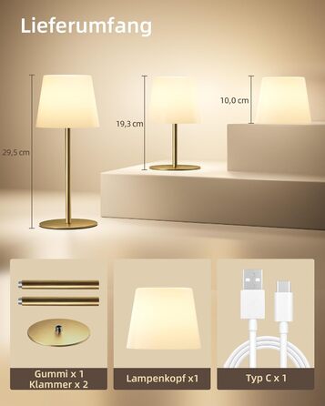 Настільна LED лампа EZVALO бездротова, 2 шт., IP65, 4500mAh, USB-C, диммер сенсорний, 3 режими світла, золота. Лампа для кемпінгу, спальні та столу.