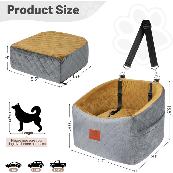 Автокрісло для собак HEGGOOE, сіро-коричневе, з пам'яті піною, для маленьких та середніх порід, з кишенями та страхувальними ременями