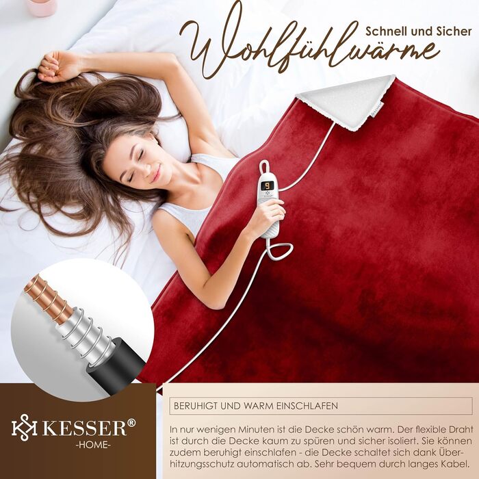 Електрична ковдра KESSER® з автовимкненням 200x180 см двостороння | Ковдра для ліжка, дивана | 9 температурних режимів | Пральна до 40°C | з таймером, цифровим дисплеєм, Бордовий колір