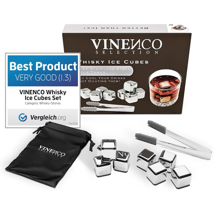 Набір кубиків льоду для віскі з нержавіючої сталі (8 шт.) - 12 шт. кубиків, щипці, мішечок, аксесуар для бару, коктейлів, джин