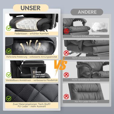 Ігровий крісло Dowinx, ергономічний офісний крісло з кишеньковим пружинним подушками, крісло для начальника з двошаровою м'якою спинкою та регульованою поперековою подушкою, підлокітниками та підставкою для ніг (Тканина, Чорний)