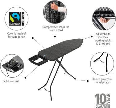 Гладильна дошка Brabantia Bügelbrett C XL для праски з парою, регульована висота, для правші та лівші, міцна металева рама, 124 x 45 см, Denim Black