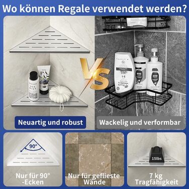 Bernkot Eck Duschregal, Edelstahl 304 Bathroom Shelf for Tiled Walls, Recessed Shelf for Bathroom Renovation (Brushed, 254mm - 2 Pack)