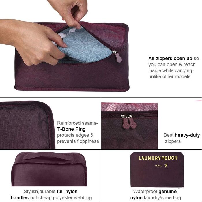 Органайзер для валізи Vicloon, набір 8/6 шт. - пакувальні куби, аксесуари для подорожей, косметички, сумочки для взуття (Бордовий)