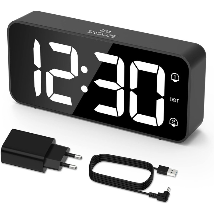 LED-годинник LATEC з двома будильниками, USB-порт для зарядки, регулювання яскравості, гучність 90-120 дБ, 8 мелодій, 12/24 год, чорний