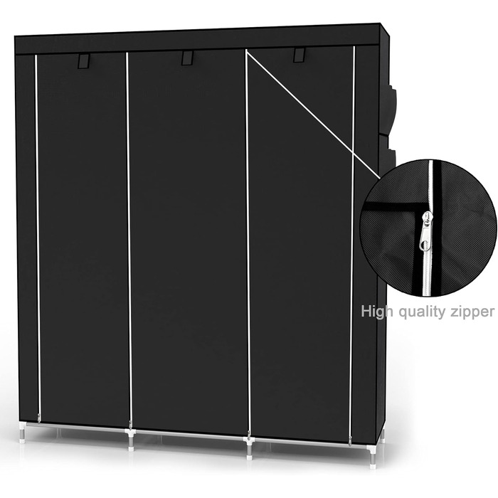 Тканинна шафа INTIRILIFE 130x175x45 см з блискавкою, полицями, штангою та бічною кишенею, складна, для одягу, для кемпінгу, чорна