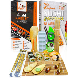 Набір для приготування суші 11 шт. - бамбуковий набір для суші: килимок, сервірувальний комплект для початківців, 2 килимки, 5 пар паличок для їжі з сумкою, ложка для рису, роздільник, сервірувальний піднос, тройна соусниця, Ebook