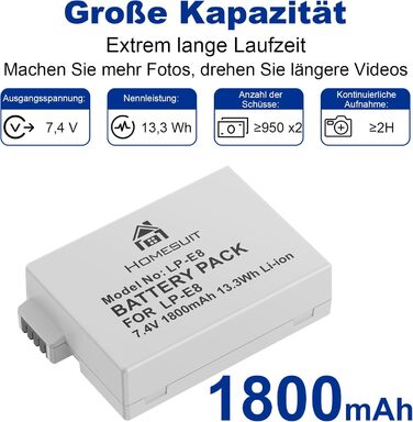 Акумулятор LP-E8 1800mAh та LED зарядний пристрій для Canon EOS Rebel T2i T3i T4i T5i EOS 550D 600D 650D 700D Kiss X4 X5 X6 X6i X7i (2 шт. акумулятори + 1 зарядний пристрій)