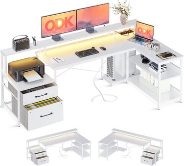 Письмовий стіл ODK з ящиками, L-подібний, з LED підсвіткою, розетками, реверсивний, білий, 189,3×100 см