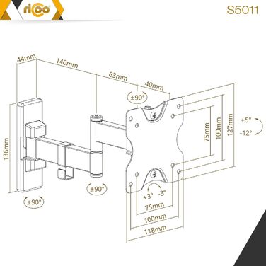 Настінне кріплення для монітора/телевізора RICOO S3911 13-34 дюйми VESA 75x75/100x100 поворотне