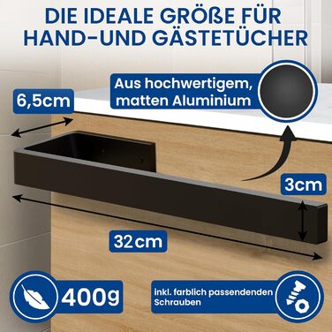 Тримач для рушників RTM R на стіну, з алюмінію, чорний матовий, 32 см