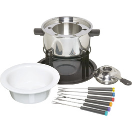 Набір для фондю KitchenCraft 3-в-1 з кольоровими виделками, для шоколадного, м’ясного та сирного фондю, сріблястий