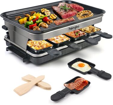 Raclette Grill for 8 People, Grill Plate with Non-Stick Coating, Raclette with 8 Mini Raclette Pans & 4 Wooden Spatulas, Continuously Adjustable Temperature, 1500W, Stainless Steel