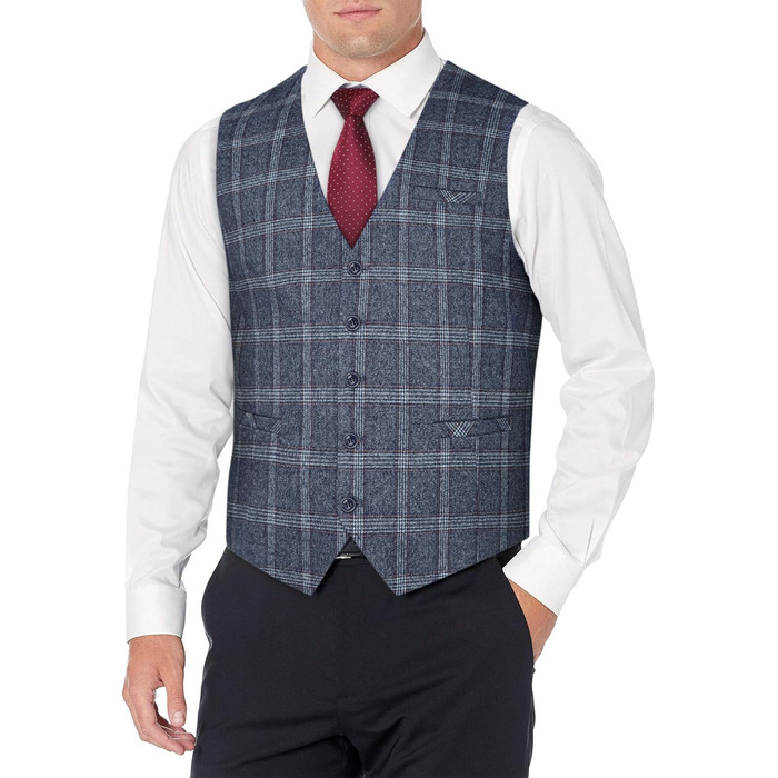 Чоловіча жилетка HISDERN в клітинку, формальна, класична, бавовна, для весілля, в клітку 'Галстук', під костюм, синього кольору