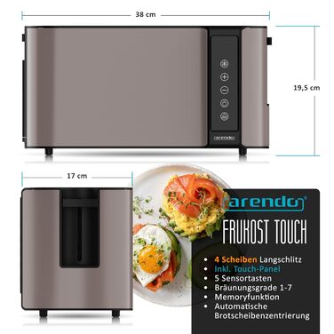 Тостер Arendo з нержавіючої сталі з 4 слотами, сенсорний екран, подвійні стінки, 1500 Вт, підставка для булочок, 7 рівнів підсмажування, центрування хліба, індикатор часу, пам'ять, колір: зелений (E) / тауп (F)