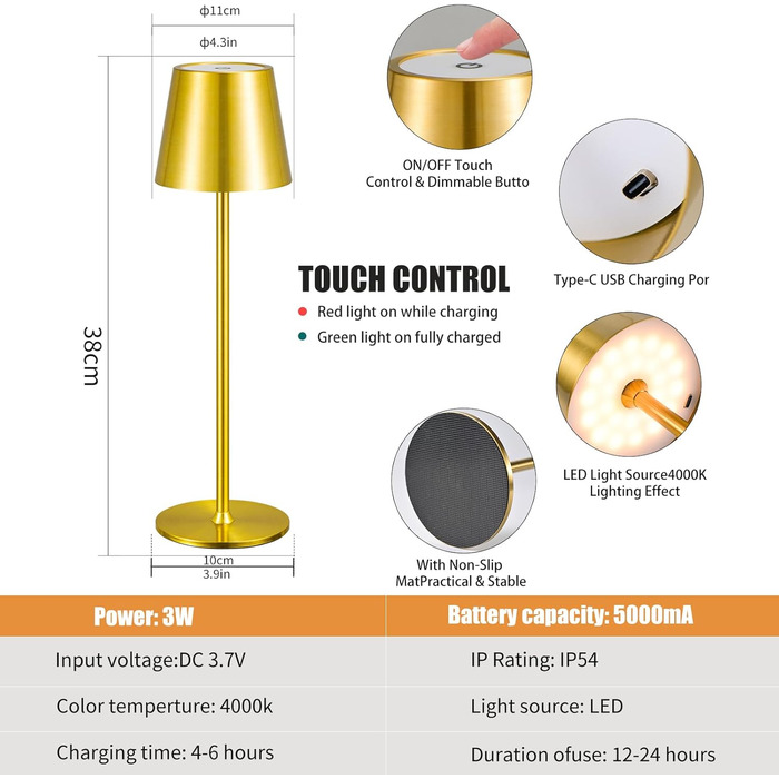 LED акумуляторна настільна лампа з регулюванням яскравості, 3000K, USB-C, водонепроникна IP54, алюміній, чорний (набір 2 шт.)