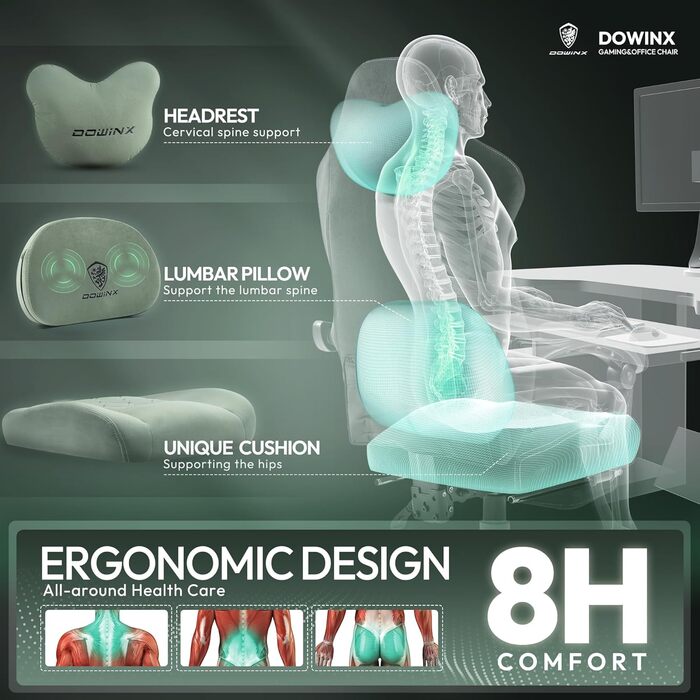 Ігровий крісло Dowinx з підігрівом та масажем попереку, з кишенею, подушкою та підніжкою, 150 кг, зелений