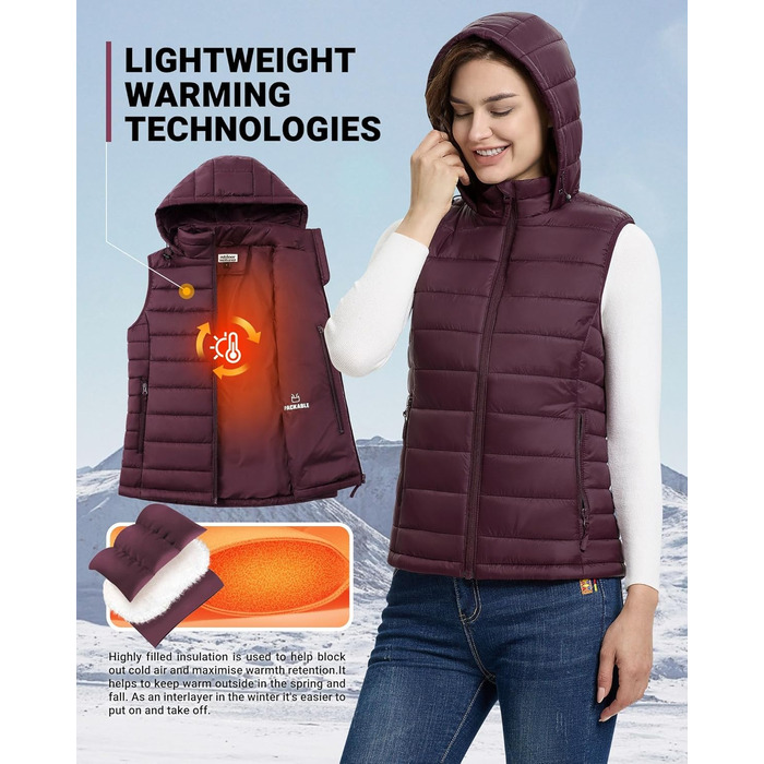 Стьобана жилетка Outdoor Ventures для жінок з капюшоном, гібридна спортивна жилетка для походів та кемпінгу, тепла велосипедна жилетка з капюшоном, лілова, XXL