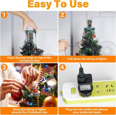 Льохтеркетка Withosent для ялинки, 2м, 400 LED, з кільцем, IP44, пам'ять, вологостійка, 8 режимів, тепле біле світло, для декору ялинки в приміщенні та на вулиці