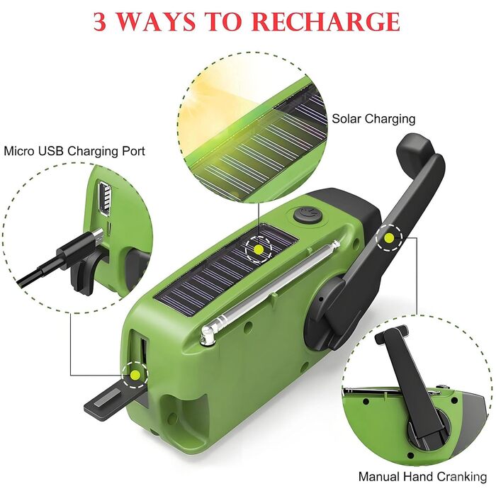 Радіо Solar Radio з ручним генератором, AM/FM, Powerbank 2000mAh, LED ліхтарик, USB зарядка - зелений