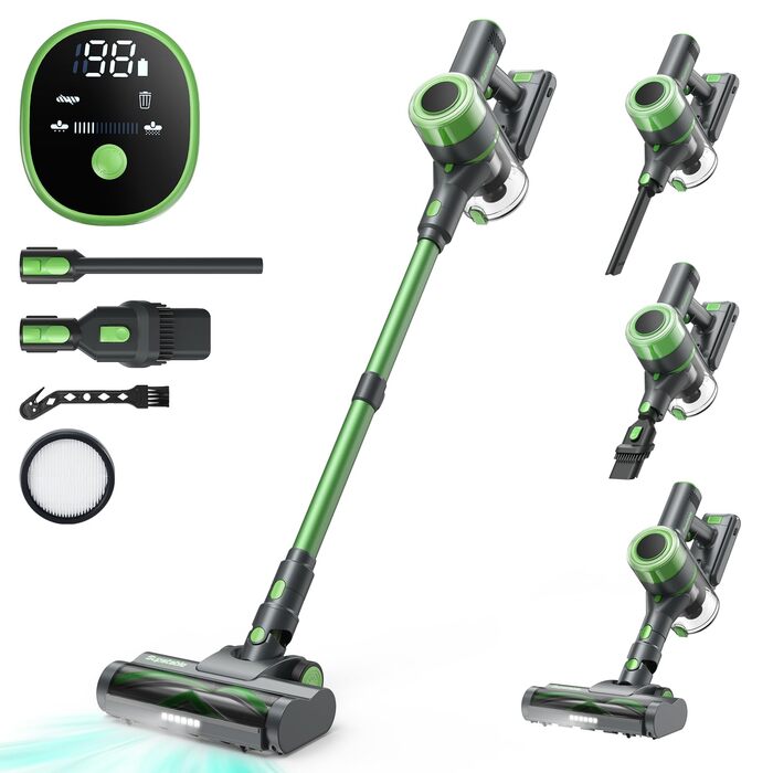 Акумуляторний пилосос 30000 Па, бездротовий пилосос з часом роботи 60 хв, тихий акумуляторний пилосос з LED-дисплеєм/антизаплутувальною насадкою, 450 Вт ручний пилосос для твердих поверхонь, килимів та шерсті тварин