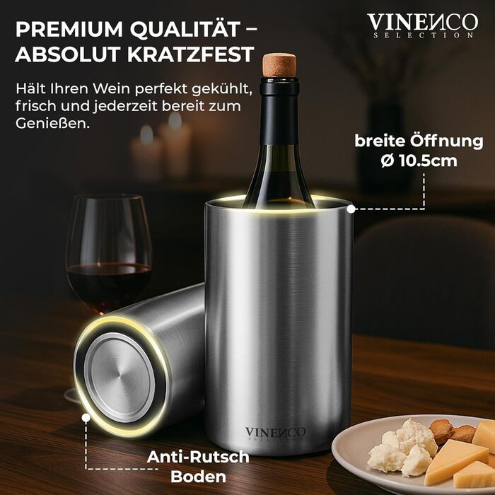 Охолоджувач для вина Vinenco з нержавіючої сталі, для шампанського та секту, з подвійними стінками, ізольований | Охолоджувач для винних пляшок, білого вина, аксесуар для вина, подарунковий набір для чоловіків та жінок