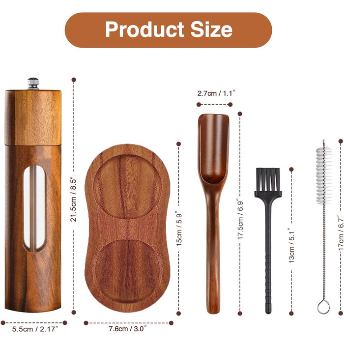 Механічна водяна млин для перцю та солі, набір 2 шт. з регулюванням помелу, керамічний жорно, з підставкою, 21.5 см