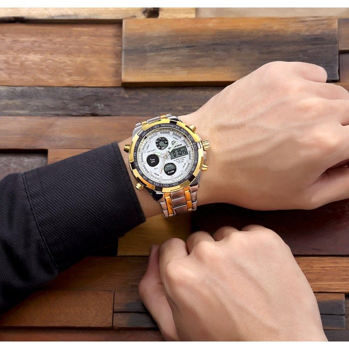 Чоловічий годинник-хронограф з нержавіючої сталі, водонепроникний, з датою та будильником, аналогово-цифровий дисплей (золотий колір)