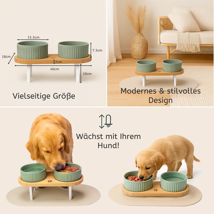 Миска для собак BELMIN з підняттям – миска для води та корму для собак – піднята миска для корму для великих собак і котів – 2 регульовані висоти – миска для собак з кераміки з бамбуковим підставкою – неслизький килимок