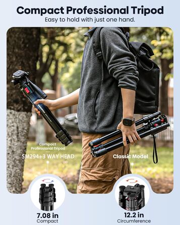 Легкий компактний штатив для камери та смартфона з алюмінію, 173 см, для DSLR/SLR (Canon, Nikon), чорний