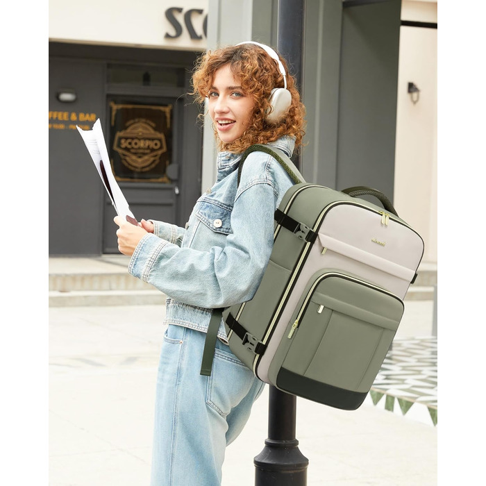 Рюкзак LOVEVOOK для подорожей: 40L, для ноутбука 17 дюймів, водонепроникний, для жінок, підходить для авіаперельотів, робочі поїздки, бізнес, вихідні. Колір: хакі (світло-зелено-бежево-оливковий)