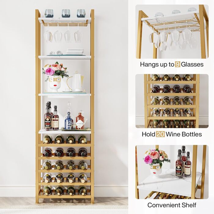 Tribesigns 20 Bottle Wine Baker's Rack, Freestanding Floor Wine Rack, 9 Tiers, Industrial Freestanding Wine Rack Wine Bar with Glass Holder Bottle Shelf for Bar, Kitchen, Dining Room, (Gold, 1 PC)