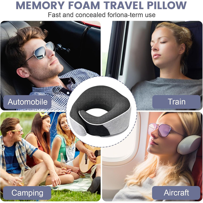 Подушка для шиї Memory Foam, ергономічна, з маскою для очей та навушниками, для подорожей