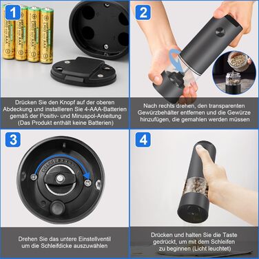 Електричні мельниці для солі та перцю 2 шт. з LED-підсвічуванням, регульована ступінь помелу, чорний колір