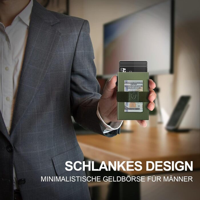 Чоловічий гаманець TOYFID з відділом для AirTag, 12 слотів для карток, відділення для паперових грошей, RFID захист, швидкий доступ до карток, алюміній, зелений з кишеню для AirTag