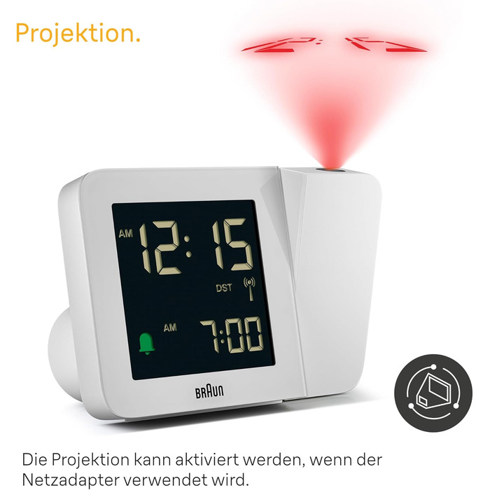 Braun Digital Radio Projection Clock for Central European Time Zone (DCF) with Negative LCD Display, Quick Set and White Alarm Beep, BC15W-DCF.