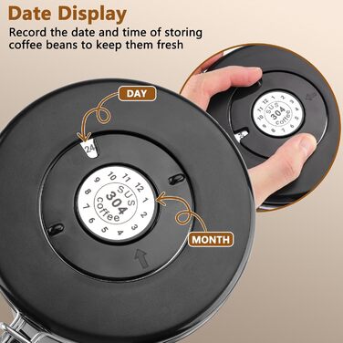 Герметичний контейнер для кави з нержавіючої сталі 304, 1,8 л, з ложкою та індикатором свіжості. Підходить для кави, чаю, горіхів, какао. Чорний колір.