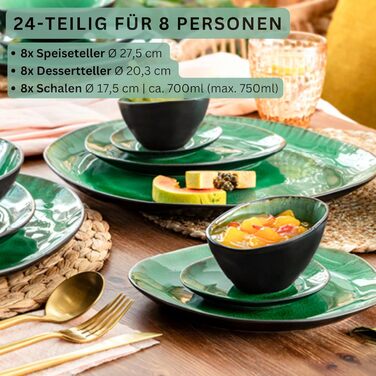 Набір посуду SÄNGER Teller Set Palm Beach 24 шт. для 8 осіб, 8 шт. тарілок, 8 шт. десертних тарілок, 8 шт. глибоких тарілок, посуд з кераміки, зелено-чорний градієнт, набір посуду для обіднього столу