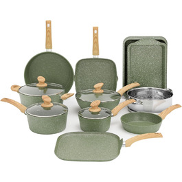 Kitchen Academy 17-Piece Induction Cookware Set with Grill Plate, Green Granite Pots and Pans, Non-Stick Coated, Healthy Non-Stick Cookware Set 17 PCS Cookware Set Green